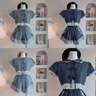Blue tone v.2 เสื้อครอปแขนตุ๊กตา กางเกงขาสั้นแต่งลูกไม้ (t76+t80)