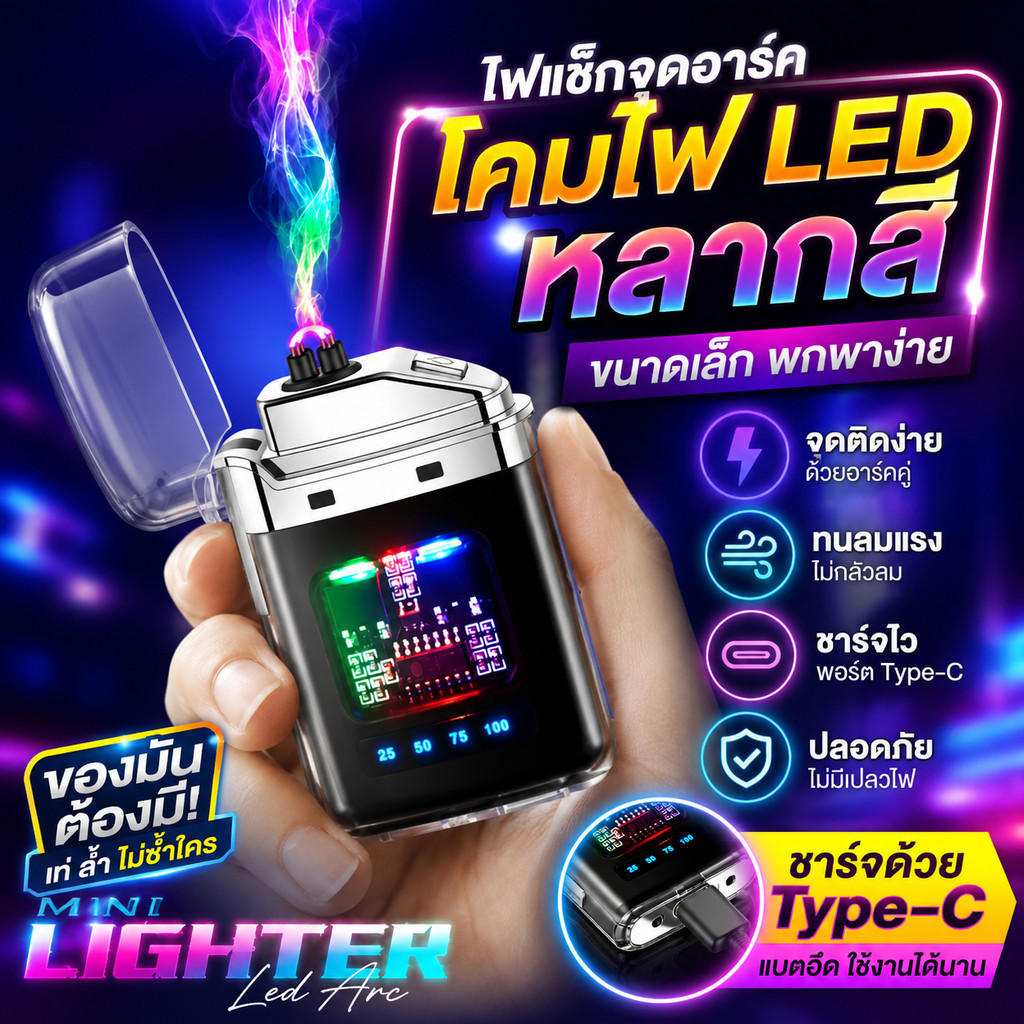จัดส่งทันที ไฟแช็คไฟฟ้า ไฟแช็คพลาสม่า กันน้ำ ชาร์จได้ USB Type-C LEDจอแสดงผลแบตเตอรี่ ออกแบบมาสามารถกันน้ำได้
