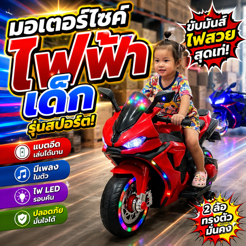 ⚡ มอเตอร์ไซค์ไฟฟ้าเด็ก รุ่นสปอร์ต | ไฟสวย มีเพลง พร้อมส่ง  มอเตอร์ไซค์ไฟฟ้าสำหรับเด็ก ดีไซน์สปอร์ตสุดเท่
