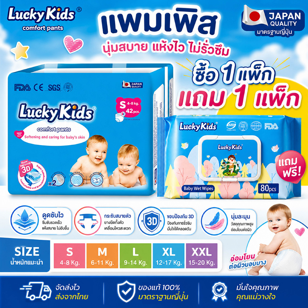 LuckKids Family Pack แพ็คใหญ่ 33-42ชิ้น ไซส์ S-2XL รุ่นพิเศษ แพมเพิสเด็กแบบกางเกง ซึมซับ 12 ชม. กระชับระบายอากาศได้ดี