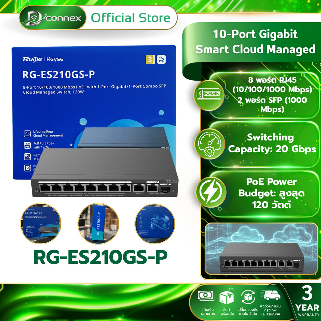 Ruijie Reyee RG-ES210GS-P Port Gigabit Smart Cloud Managed PoE Switch รับประกัน 3 ปี