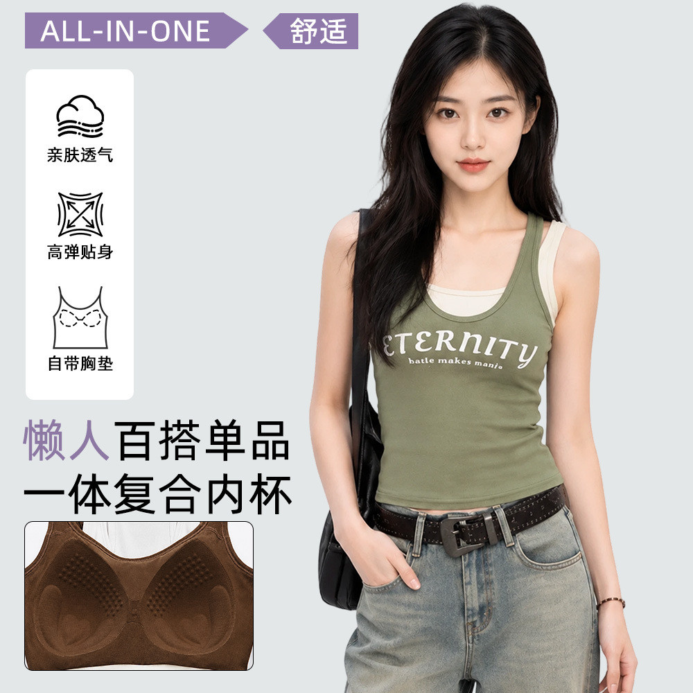 New sweet and spicy letter print camisole for women S246Summer slim-fit top with built-in chest pads
