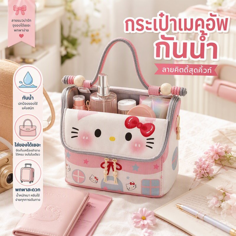 กระเป๋าเครื่องสำอาง กันน้ำ ไซส์ใหญ่ ลายคิตตี้ น่ารัก มีช่องแบ่ง เก็บความเย็น หูหิ้ว สายสะพาย