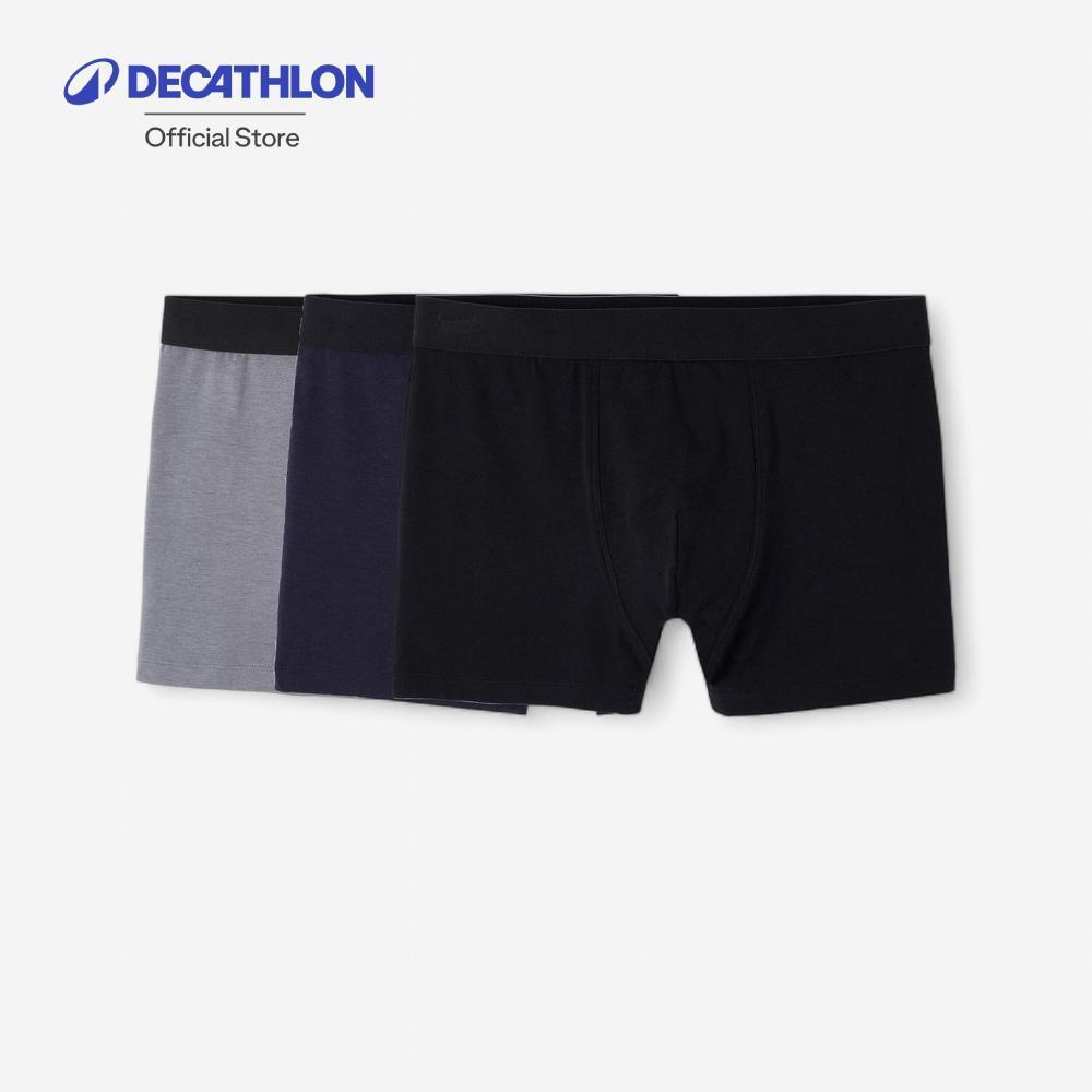 Decathlon Men'S Cotton Boxers Tri-Pack กางเกงบ็อกเซอร์ผ้าฝ้ายสำหรับผู้ชายแพ็ค 3 ตัว - Black/Grey/Blue