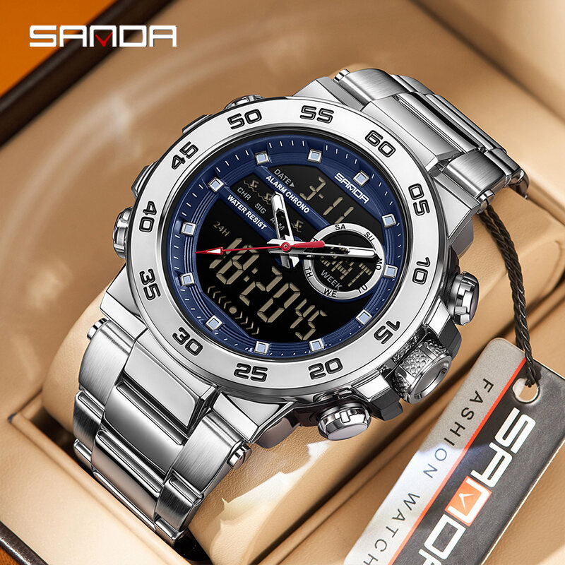 SANDA Mens Digital Military Sports Watches Steel/TPU Strap 3 Time Zones 5ATM Timer Alarm