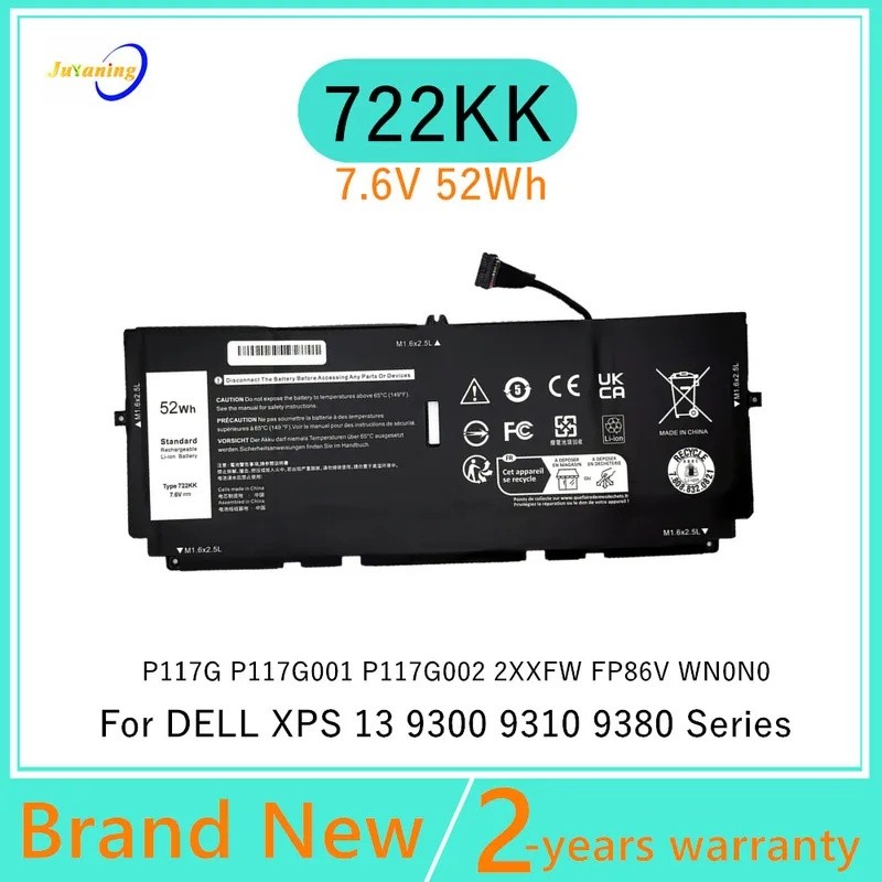 722KK 2XXFW แบตเตอรี่แล็ปท็อปสําหรับ Dell XPS 13 9300 9310 9380 (2020) 13.4" Series P117G P117G001 P