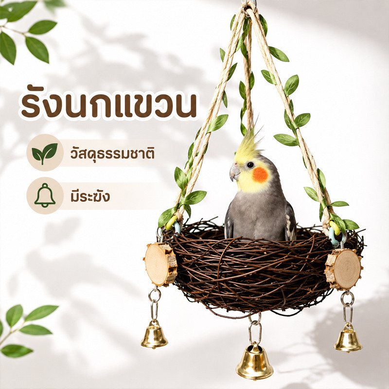 รังนก ชิงช้าวัสดุทำจากไม้น้ำแห้ง รังฟาง บ้านฟางสำหรับสัตว์เลี้ยง เกี่ยวกรงได้ บ้านนก เหมาะสำหรับนกขนาดเล็ก