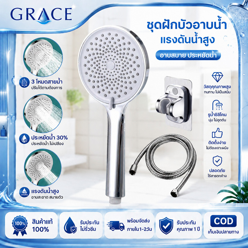 GRACE ชุดฝักบัวอาบน้ำแรงดันน้ำสูง 12 ซม. แรงดันน้ำสูง ปรับระดับได้ รูซิลิโคน วัสดุทนทาน เกลียวมาตรฐาน