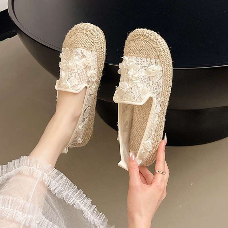 Xiaoxiangfeng Straw Bucket Shoes Women Spring New Style Hollow Breathable Flat Shoes Slip-On Loafer#