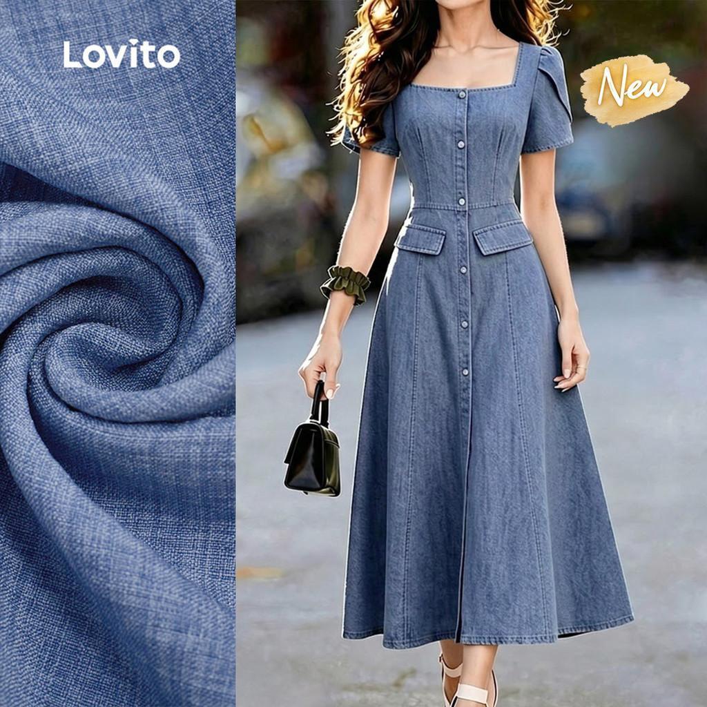 (New Arrival) Lovito เดรสสีเขียวฤดูใบไม้ผลิ/ฤดูร้อนสําหรับผู้หญิง ดีไซน์เส้นโครงสร้าง ปลอมกระเป๋า ปุ่มด้านหน้า L199ED266