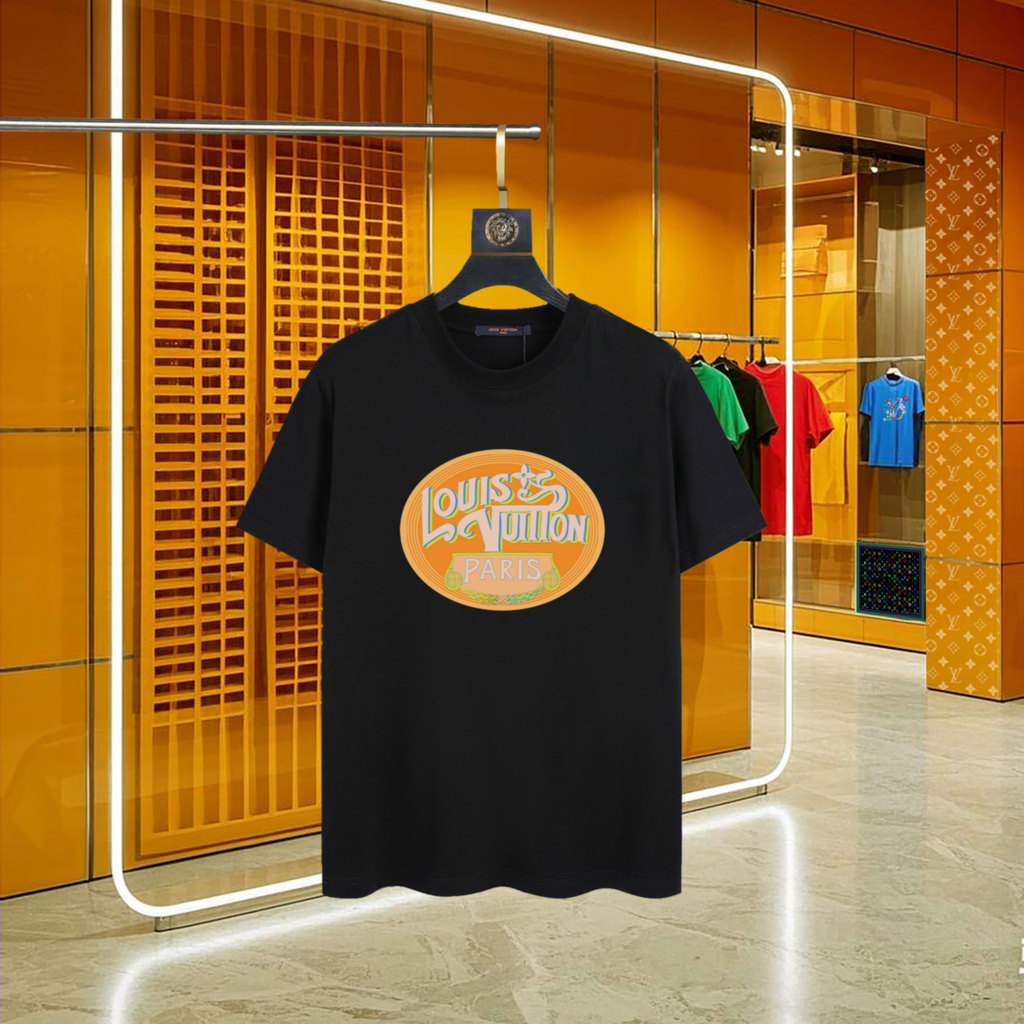 LOUIS VUITTON/LV/2026 คลาสสิกรอบคอแขนสั้นเสื้อยืดผู้ชายผู้หญิงสบายๆขนาดใหญ่ภายในจับคู่บวกไหล่ Slim-F