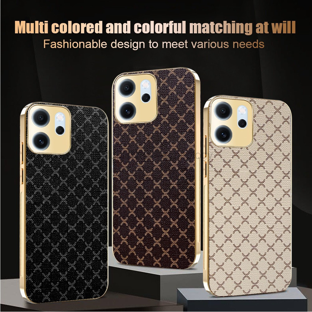 LIKAIYUEปลอกสําหรับOppo Reno 14F Reno14 F Reno14F 5G CheckeredหนังหรูหราElectroplatedทองเคสโทรศัพท์ก