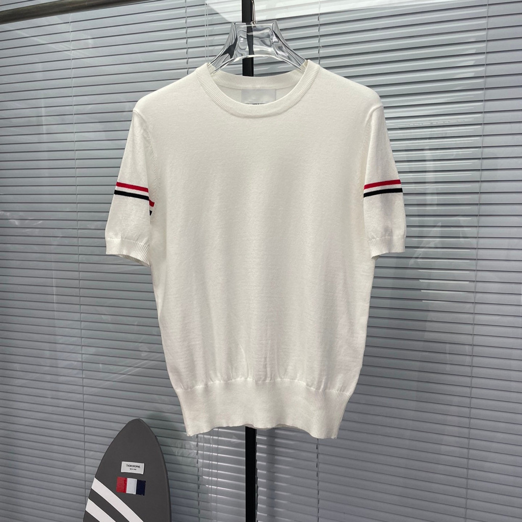 3TQM สูงฤดูร้อนสไตล์ใหม่ Double-Match Webbing Casual All-Match รอบคอถักแขนสั้นผู้ชายผู้หญิงคู่สไตล์เ
