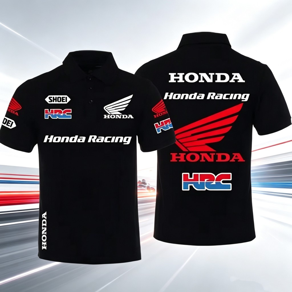 เสื้อโปโลทีมแข่งรถมอเตอร์ไซค์ Honda HRC พิมพ์ลายโลโก้หลายแห่ง เสื้อคอปกสำหรับผู้ชื่นชอบรถจักรยานยนต์