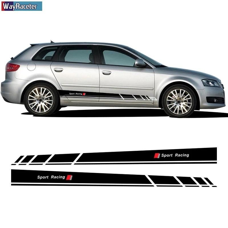 2 ชิ้น Sport Racing 5D คาร์บอนไฟเบอร์ไวนิลรถประตูด้านข้าง Stripe กระโปรงสติกเกอร์สําหรับ Audi A3 8V 