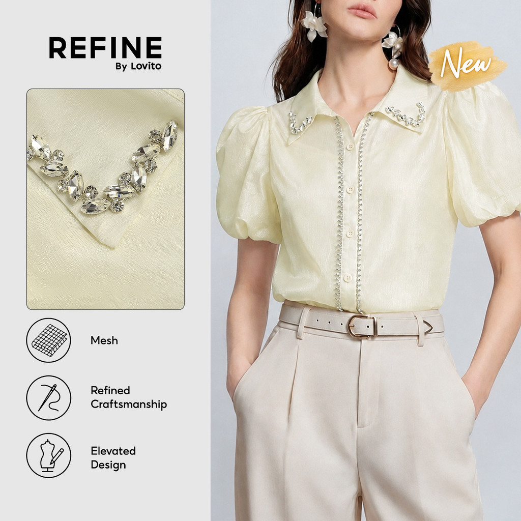 (New Arrival) (Refine by Lovito) เสื้อเบลาส์ผู้หญิง แขนสั้น คอปก ประดับ Rhinestone ชายไม่สมมาตร ตาข่