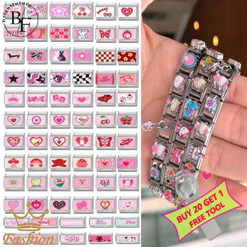 สร้อยข้อมือสแตนเลส Hot Pink Series ขนาด 9 มม. เครื่องประดับสไตล์เรโทร Italian Charm