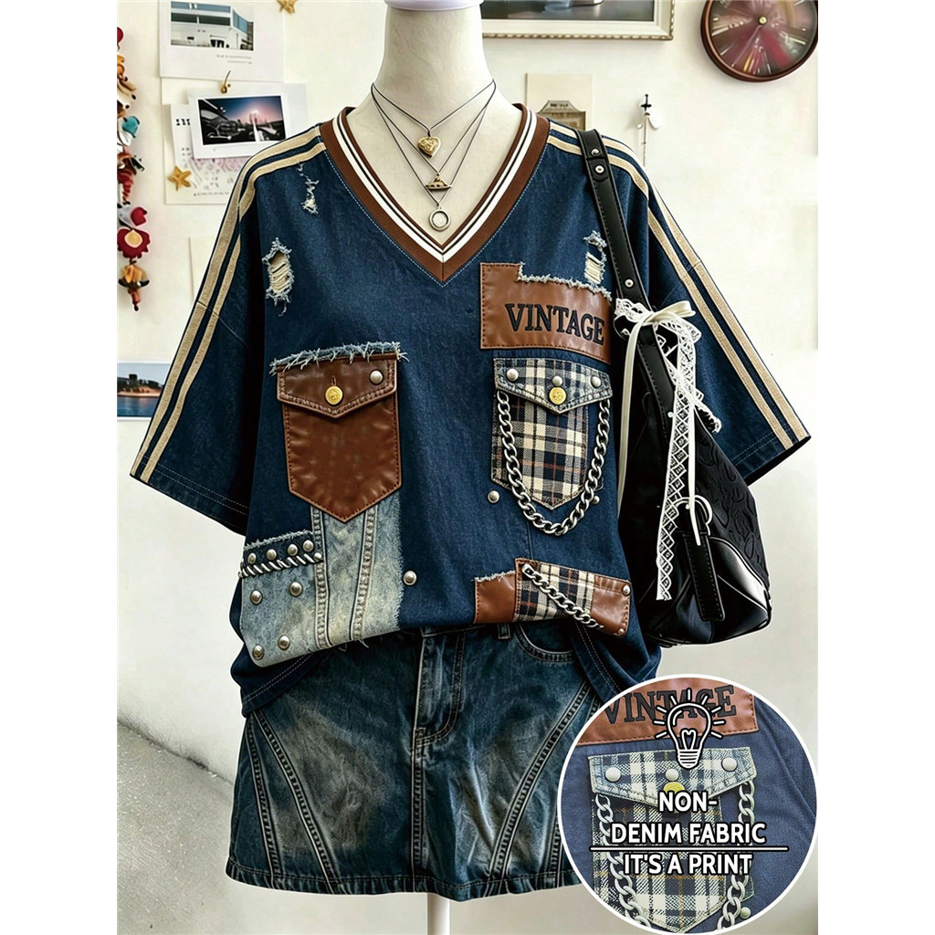 เสื้อยืดแขนสั้นคอวีผู้หญิงสไตล์ฤดูร้อนใหม่ที่มีการพิมพ์ตัวอักษรและการออกแบบกราฟิก เหมาะสำหรับการถ่ายภาพสไตล์สตรีท