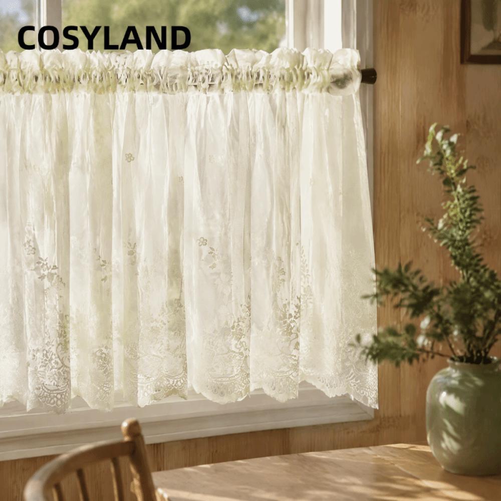 COSYLAND ผ้าม่านลูกไม้,กรองแสง 51.18 * 16.44in ผ้าม่านเชียร์,ดอกไม้หรูหราเย็บปักถักร้อยสไตล์ผ้าลินิน