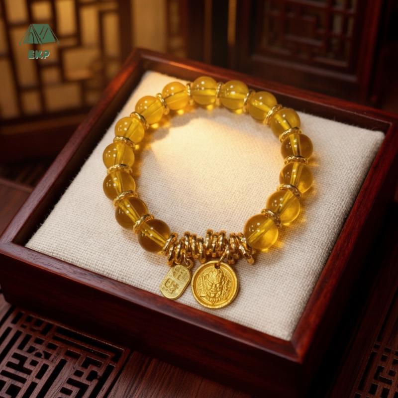 [EKP] สร้อยข้อมือลูกปัดแก้ว 14K Gold Plated Wealth Charms น้ําหนักเบาปรับ Fit สําหรับผู้หญิงทุกวันสํ