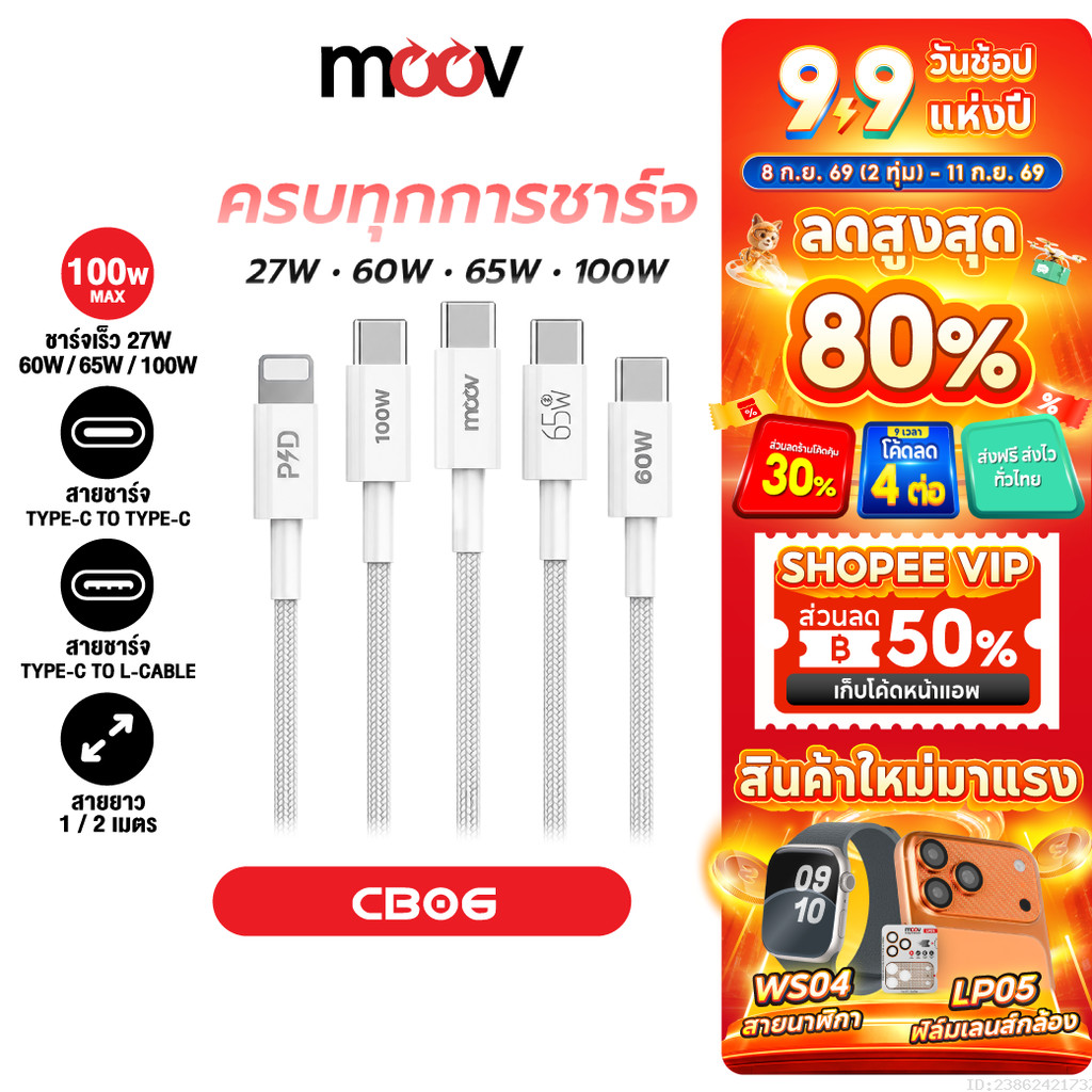 [ส่งไว] Moov CB06 สายชาร์จเร็ว Type C to Type C / L-Cable 100W 65W 60W 27W PD Fast Charge เหมาะสำหรับ iPhone Samsung
