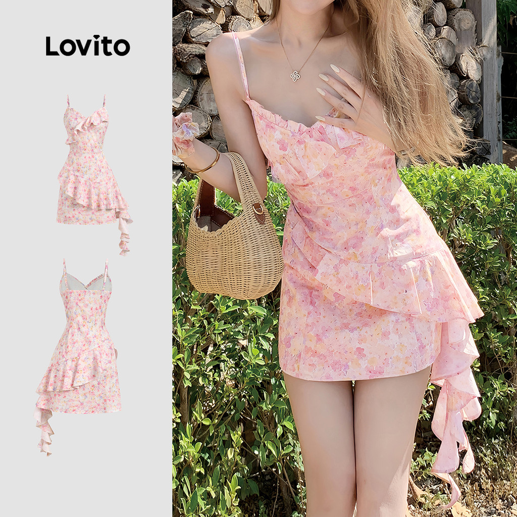 (New Arrival) Lovito โบโฮ เดรสลายระบาย เดรสสไตล์รีสอร์ต สําหรับผู้หญิง เหมาะกับฤดูใบไม้ผลิ/ฤดูร้อน วันหยุด เกาหลี อินเทรนด์ เดรสเที่ยวเขา L200AD259