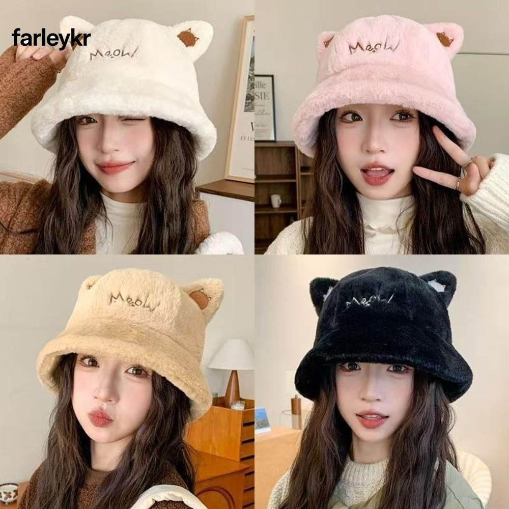 FARL Cat Ear Bucket Hat, Ear Protection WARM Lining Fuzzy Plush Hat, Soft Earflap Face Slimming Wint