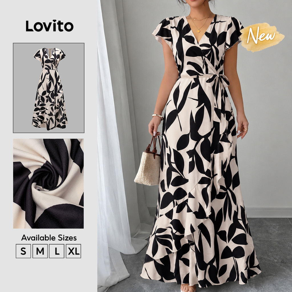 (New Arrival) Lovito เดรสผู้หญิง ลายดอกไม้โบโฮ ระบาย ซิป ยาว ทรงเอ สำหรับฤดูใบไม้ผลิ ฤดูร้อน วันหยุด