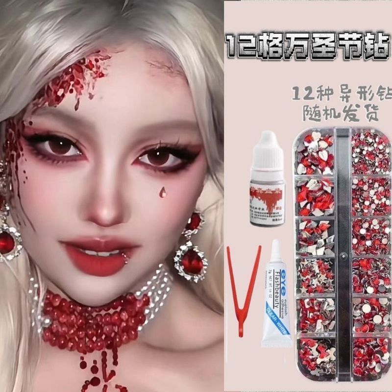 [คลังสินค้าพร้อม] ฮาโลวีน Red Diamond Gem Ice Cube Diamond Cos สติกเกอร์เพชรรูปพิเศษแต่งหน้า Blood M