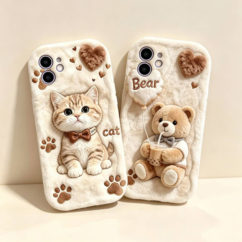 Furry แมวน่ารักหมีขอบหยักสําหรับ VOVO V70 FE T50 Pro Y31D Y05 V60 V50 Lite Y31 Y400 Pro Y04 V40 Lite