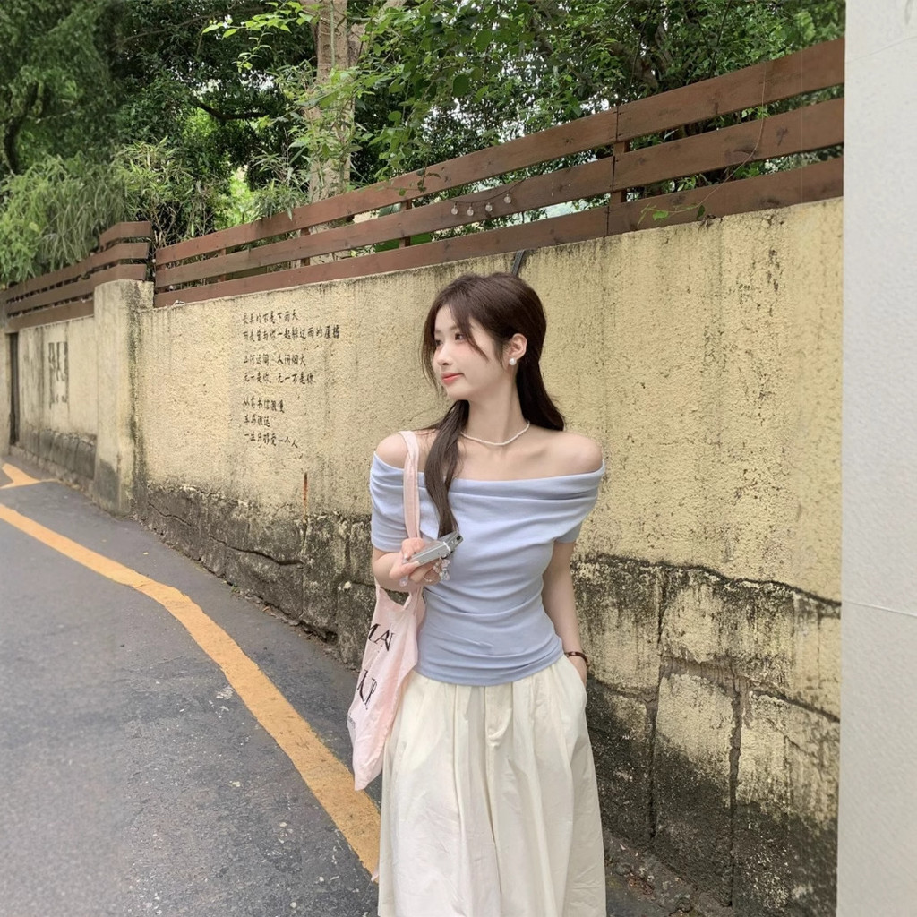 เสื้ออะซิเตทปิดไหล่คอฝรั่งเศส, เสื้อแขนสั้นผ้าไหม Ruched-Waist
