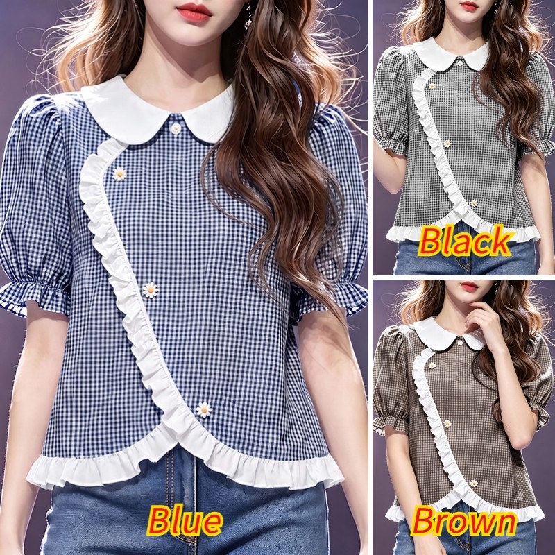 VONDA ผู้หญิง Vintage Girlish Fresh Academy ลายสก๊อต Peter Pan Collar ไม่สม่ําเสมอ Asym Placket ลูกไม้ Trim พัฟแขน Cropped เสื้อ — صورة 3