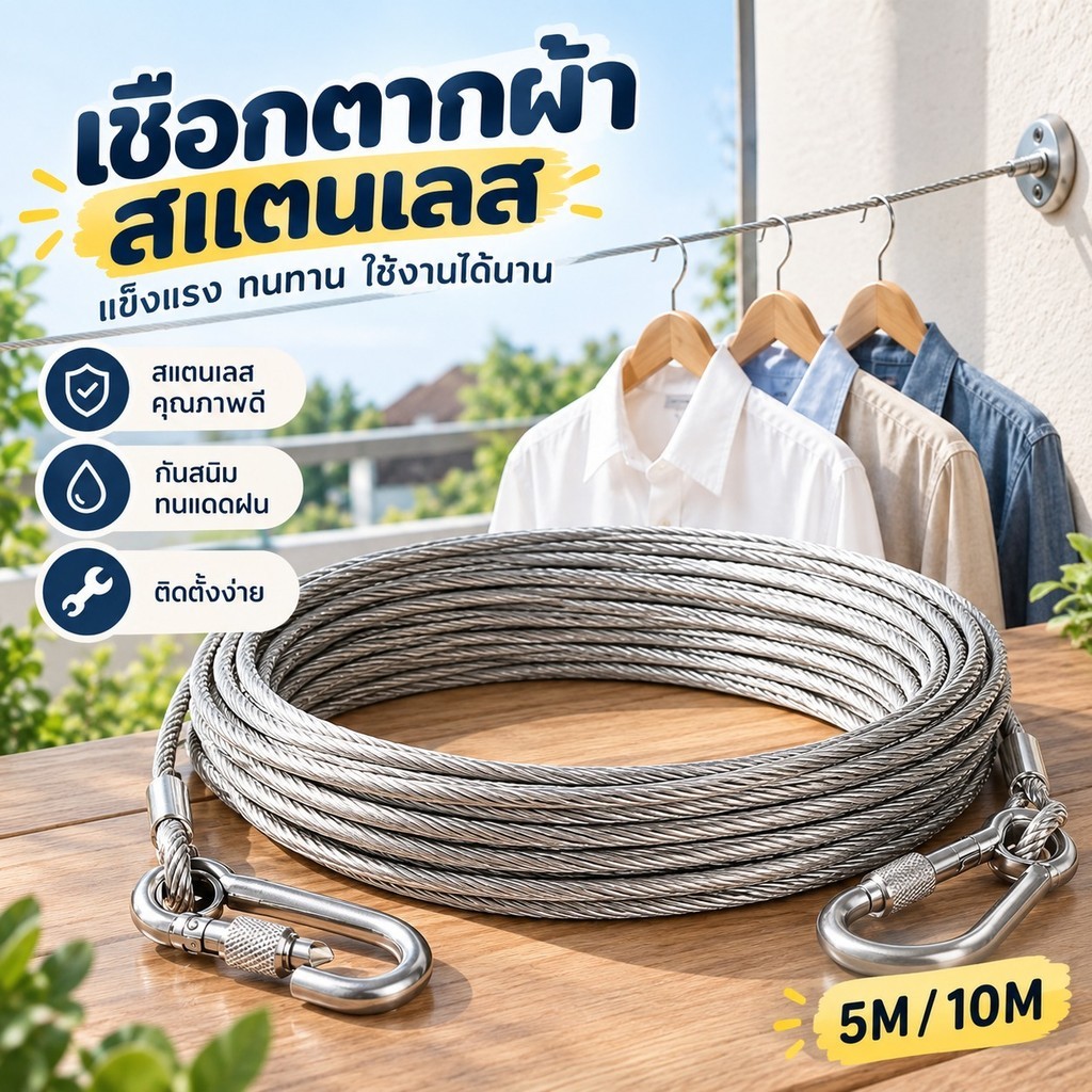 เชือกตากผ้า สแตนเลส 304 ขนาด 4 มม. ยาว 5/10 ม. พร้อมตะขอ แข็งแรง ทนสนิม ใช้ได้ทั้งในบ้านและกลางแจ้ง