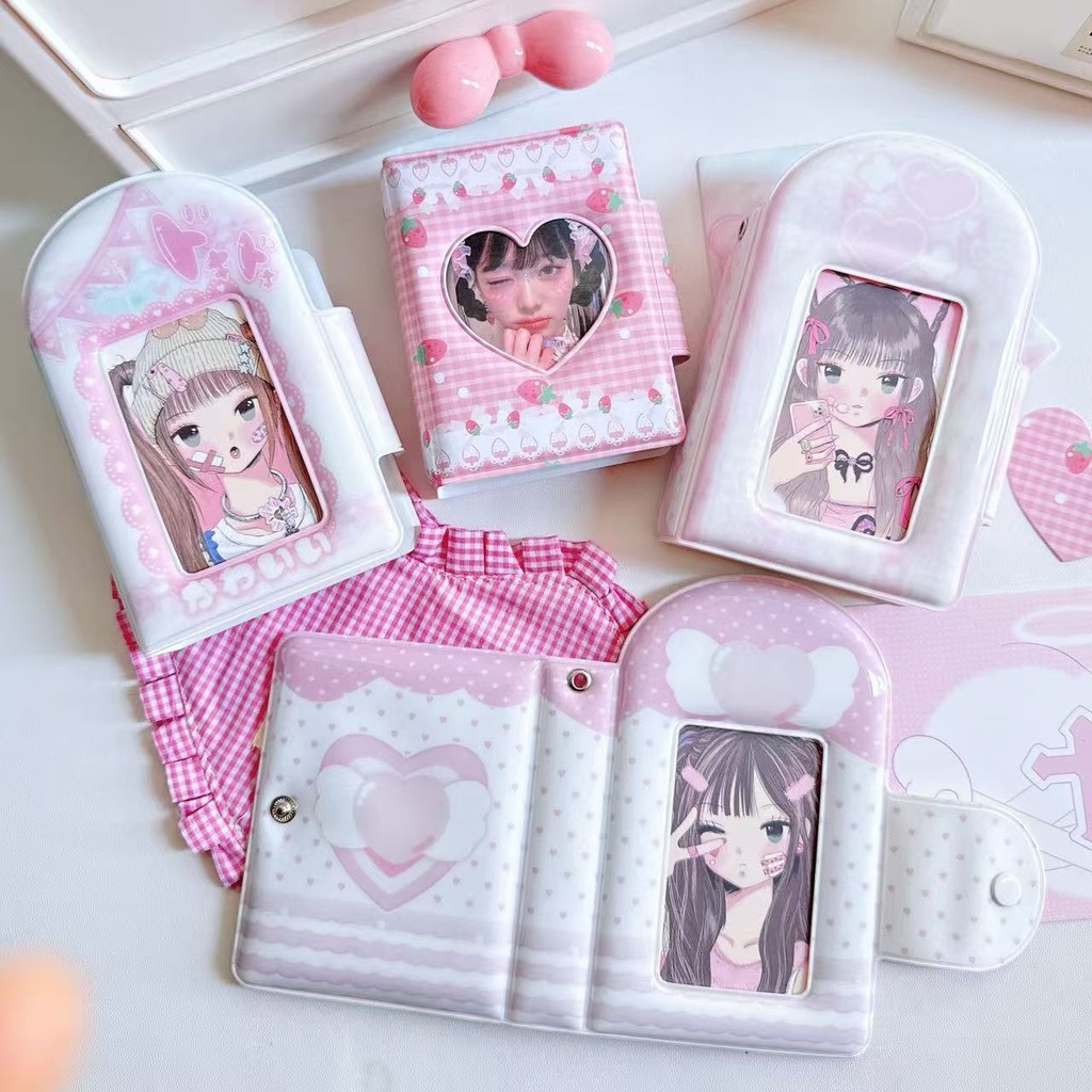 Checkered Strawberry Heart Ribbon Wings Reverse-Closure Photo Album Card Holder 3 นิ้ว Storage Book Binder