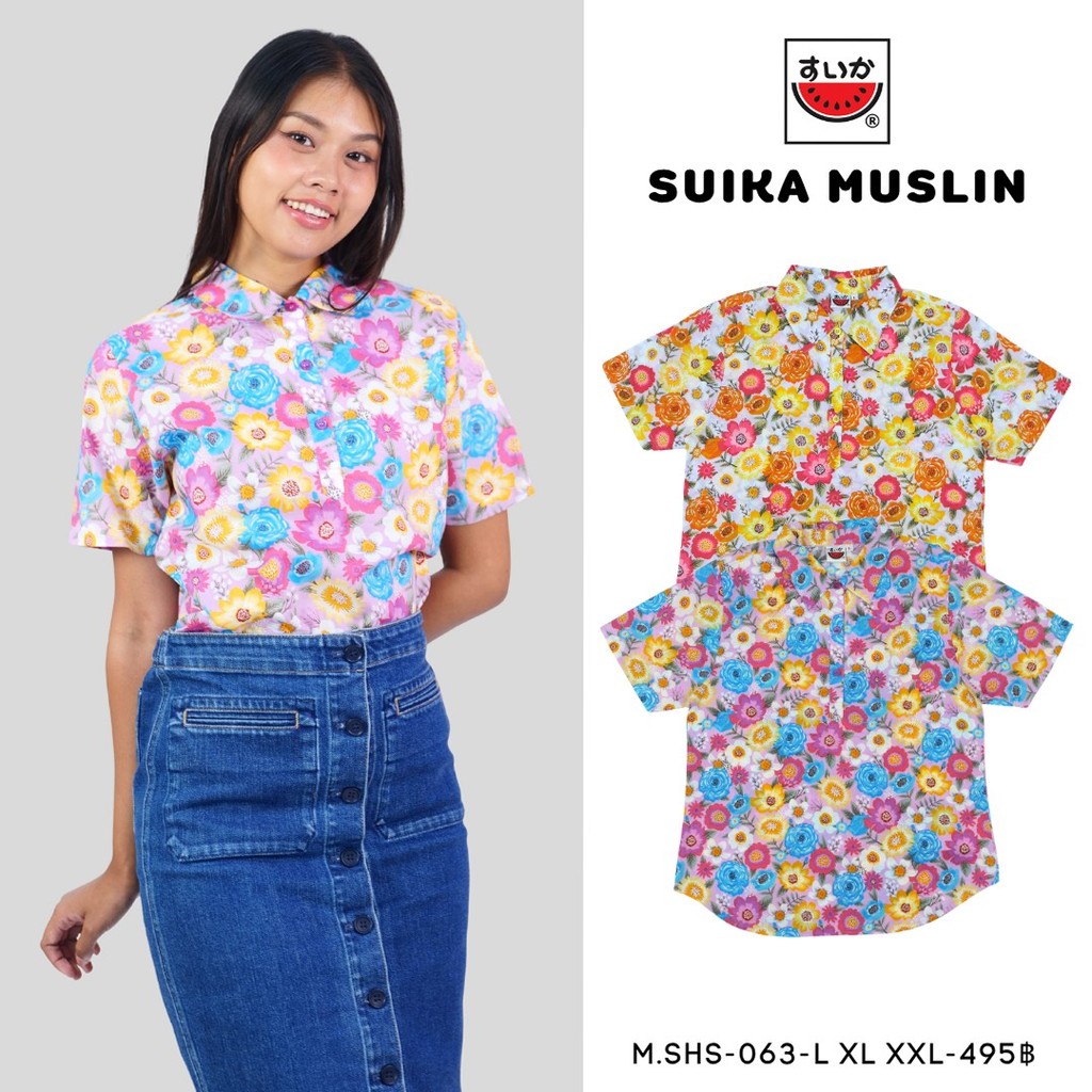 เสื้อแตงโม (SUIKA) แบบ: เสื้ออปกเจาะสาบหน้าครึ่งตัวเข้ารูปนิดหนึ่งแขนสั้น ผ้าป่านมัสลิน (M.SHS-063 )