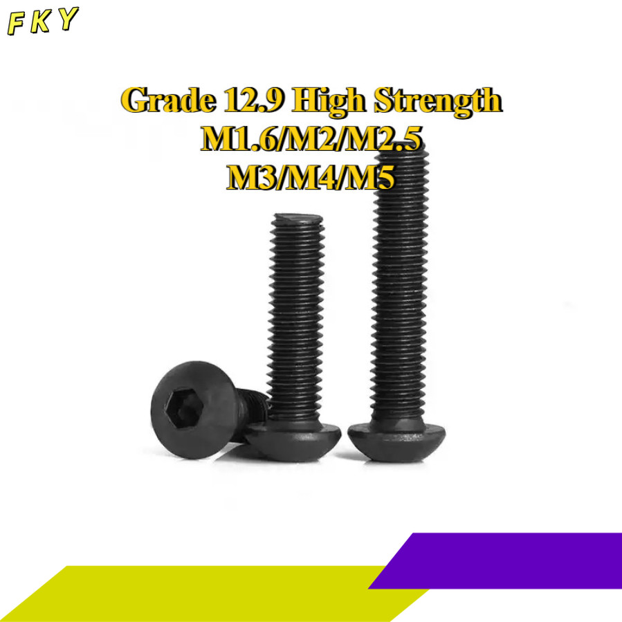 สกรูหัวจมกลม หัวหมวก น็อต สกรู หัวจมกลม สีดำ เกรด 12.9  เกลียวมิล หยาบ / Button Head Hexagon Socket 