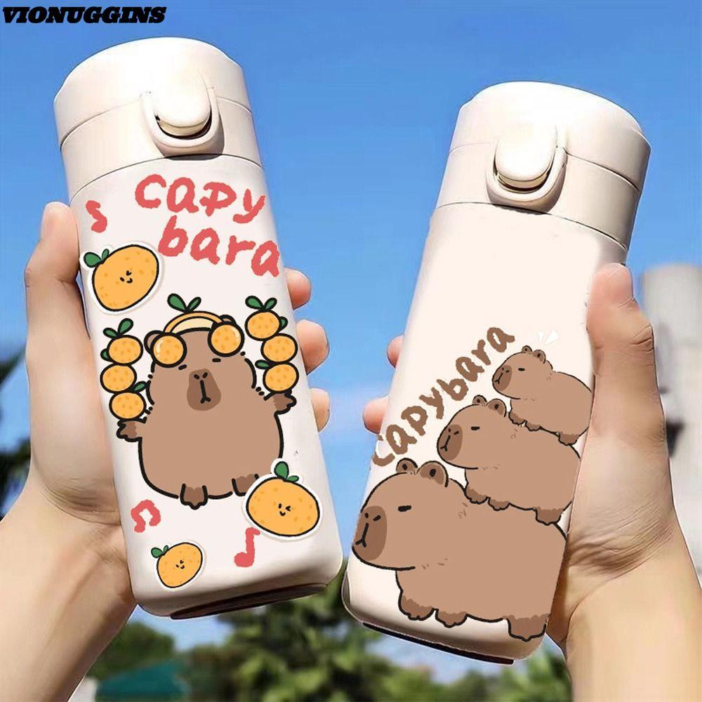 VIONUGGINS Capybara ขวดน้ําฉนวน, ป้องกันการรั่วซึม 420ML นักเรียนถ้วยเก็บความร้อน, น่ารักขนาดใหญ่ความจุสแตนเลสการ์ตูนเด็กกีฬา Wander ขวดกลางแจ้ง