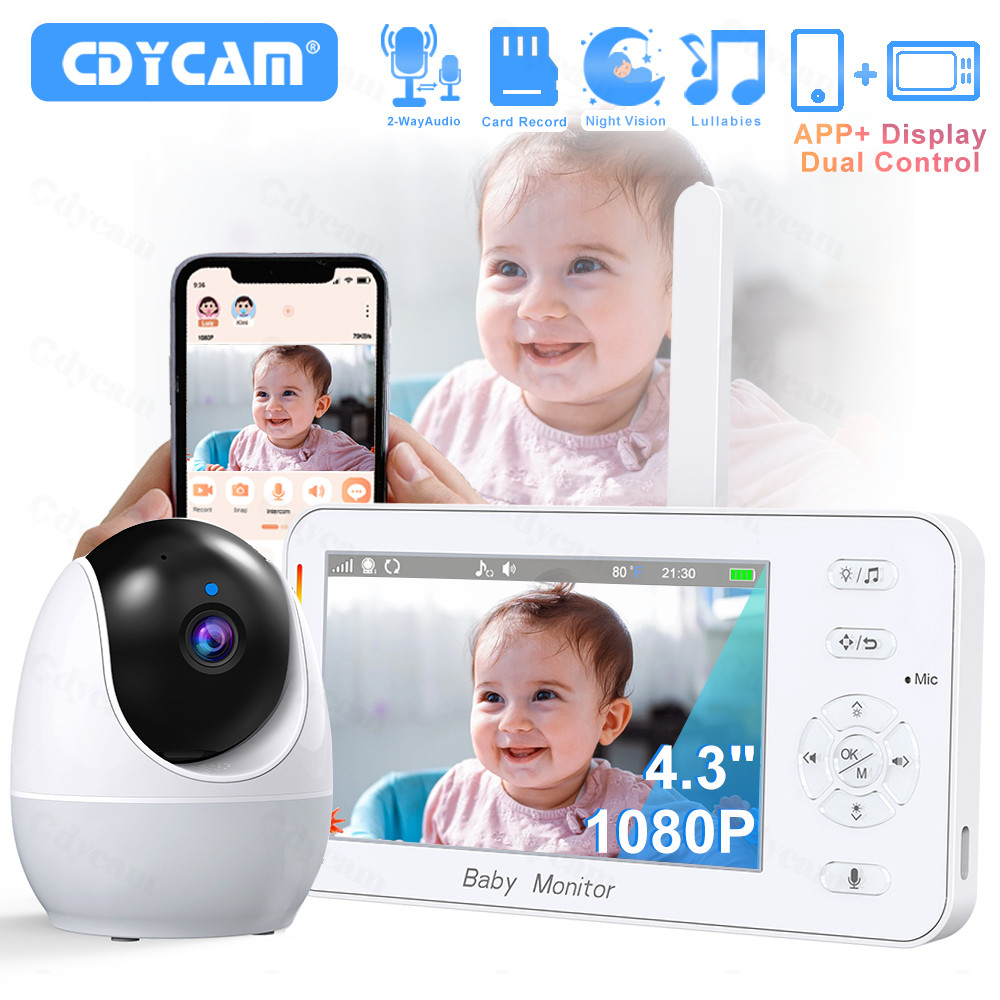 WiFi Baby Monitor 1080P โทรศัพท์ APP ระยะไกล Nanny Night Light VOX Night Vision PTZ Lullabs อุณหภูมิ 4.3 "กล้องจอภาพ