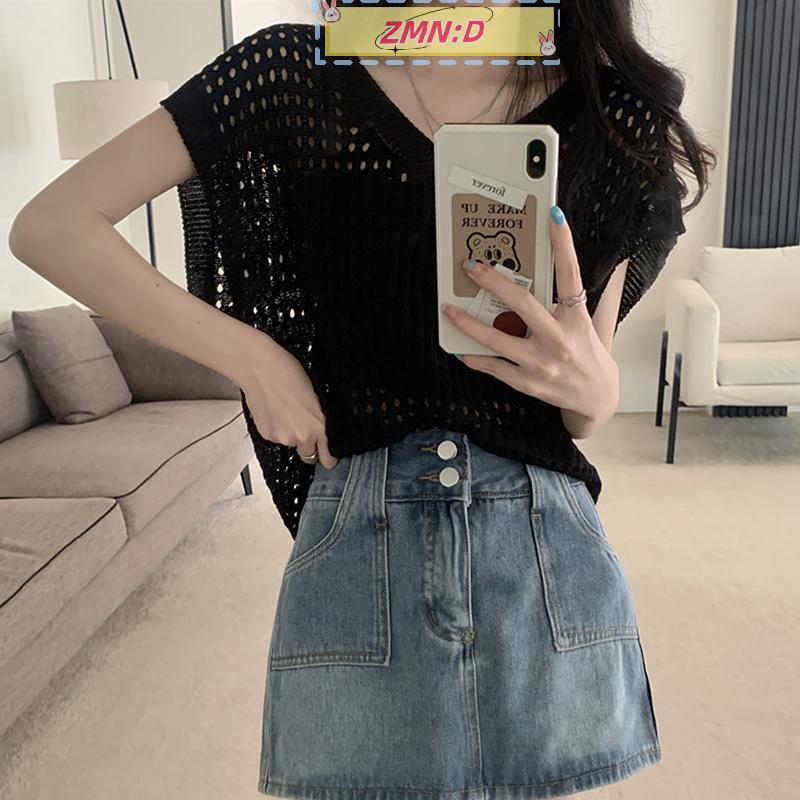 ZMN:D Hollow แฟชั่นลําลองหลวม V คอ Cover-Up เสื้อยืดผู้หญิงฤดูร้อน RRT