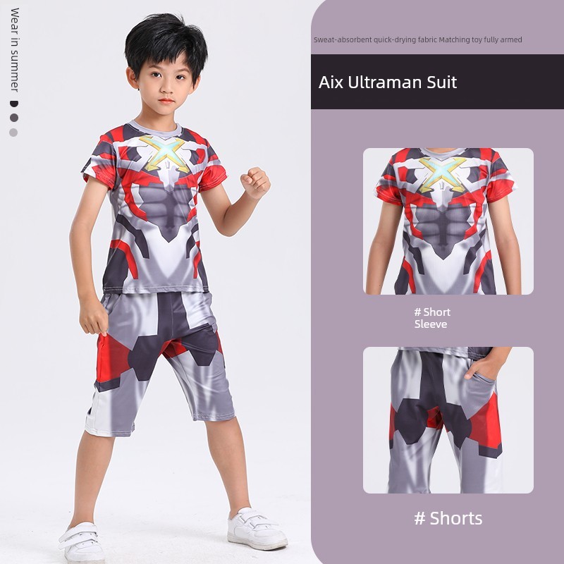 คอสเพลย์ ชุดคอสเพลย์ Aix เสื้อผ้าอัลท์แมนกางเกงขาสั้นแขนสั้นผ้าไอซ์ซิลค์แห้งเร็วสำหรับเด็กผู้ชายฤดูร