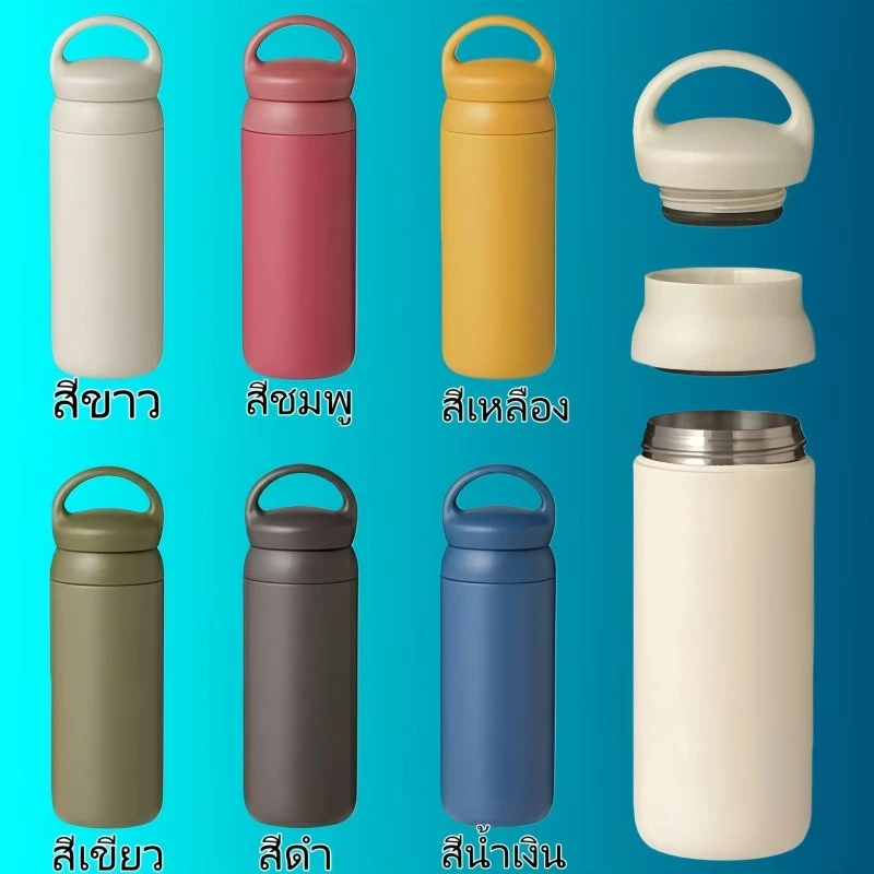 แก้วสแตนเลส พร้อมหูหิ้ว เก็บความเย็นได้นาน PP เกรดอาหาร 500ml กระบอกเก็บน้ำร้อน 304 ของแท้ เก็บอุณหภูมิ ร้อน/เย็นได้นาน