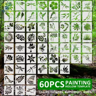 60 ชิ้นภาพวาดลายฉลุไม้ผ้าใบนํามาใช้ใหม่ลายฉลุศิลปะแม่แบบสารพันวาดแม่แบบตกแต่งนกดอกไม้ลายฉลุ SHOPTKC8826