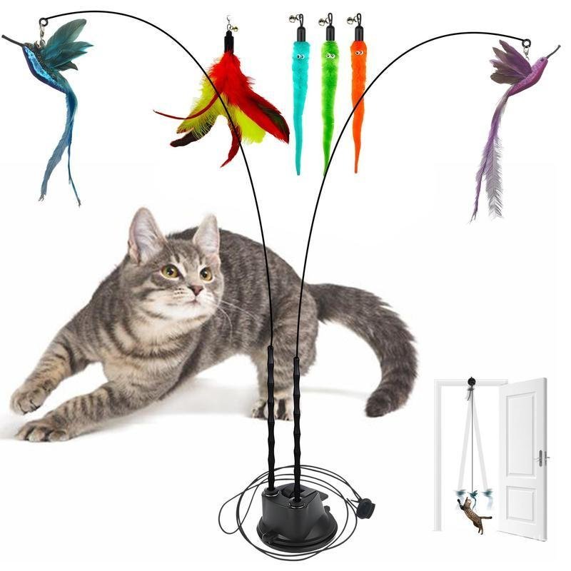 Gift for Pets, Interactive Cat Toy Set, 8 Counts/set Including 2 Cat Wands with Base and 6 Feather R