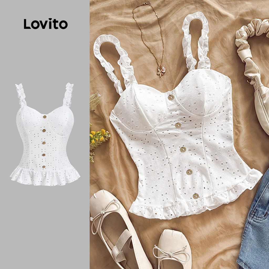 Lovito เสื้อยืดคอวีลายออร์แกนิกสายรัดปลายขอบระบายแบบธรรมดา สำหรับฤดูใบไม้ผลิ/ฤดูร้อน สีขาวออฟไวต์ L1