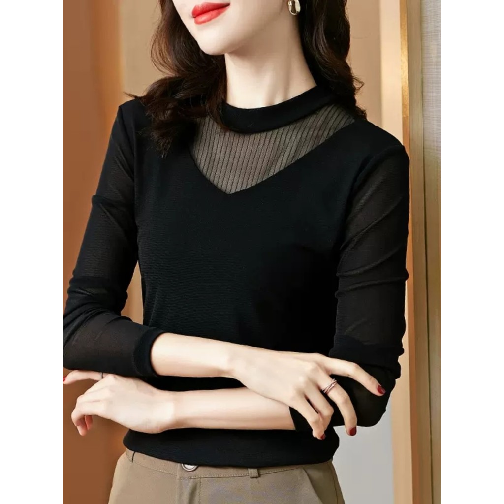 ตาข่ายสีดําฐานเสื้อผู้หญิงแขนยาวฤดูใบไม้ร่วงและฤดูหนาวใหม่แฟชั่นสไตล์ด้านในเสื้อยืดวัยกลางคนแม่ลูกไม