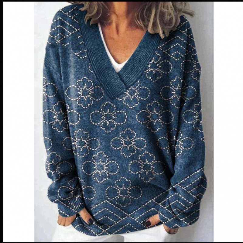 เสื้อผ้าผู้หญิง 3D Color-Blocking Pattern พิมพ์คอวีแขนยาวเสื้อสเวตเตอร์ลําลองขี้เกียจ