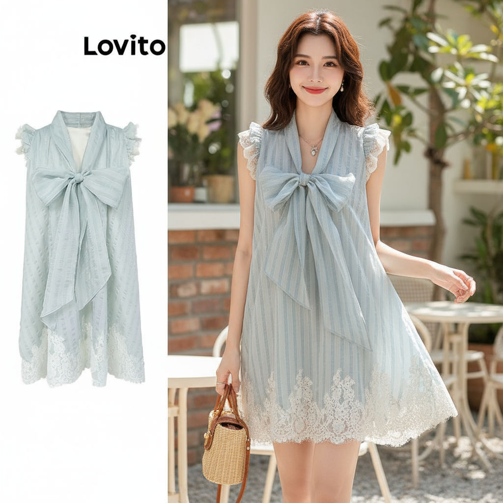 Lovito ชุดเดรสลําลองชุดเดรสด้านหน้าโบว์ลูกไม้ลายทางสําหรับผู้หญิง LNA75576 (หลากสี)