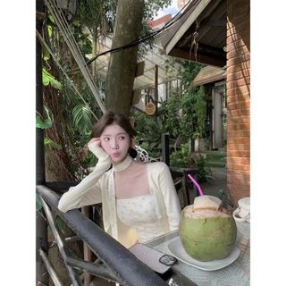 Moses Queen/Queen of Mercy คาร์ดิแกนถักสีน้ำเงินสไตล์เกาหลีแบบผ่าลาย เสื้อคลุมบางแบบชั้นนอก