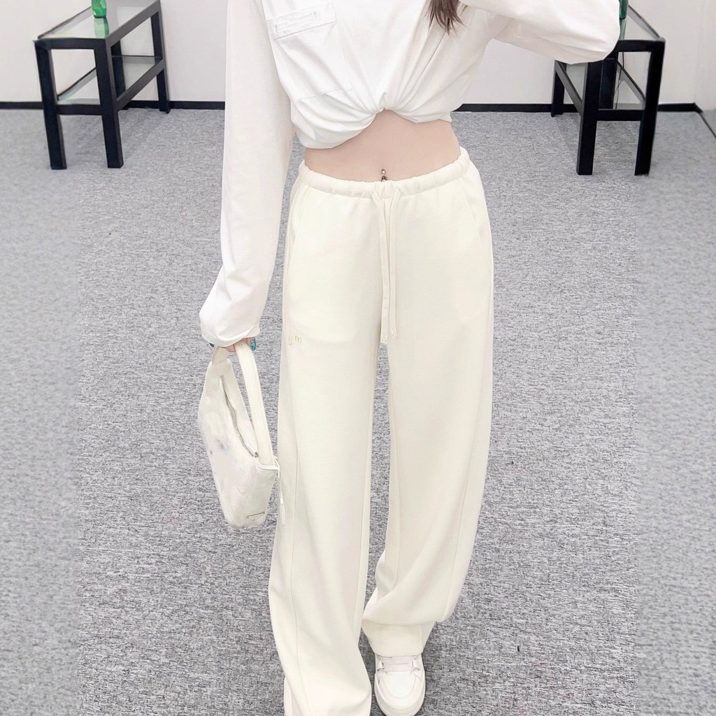 3CYA MIUMIU ปักโลโก้ Wool Blend Tie-edge เอวสูง Drawstring ขากว้าง Machete กางเกงลําลอง