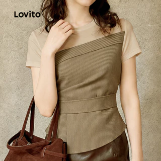 Lovito สง่างาม เสื้อเชิ้ตผู้หญิงลายไม่สมมาตร ปลอม 2-ใน-1 สําหรับฤดูใบไม้ผลิ/ฤดูร้อน LK4LD2653